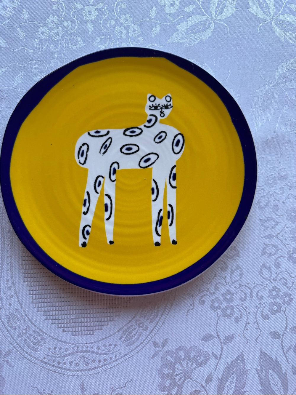 Anthropologie Marcello Velho Folksong Dessert Paint Plate Cat Motif Yellow/Blue